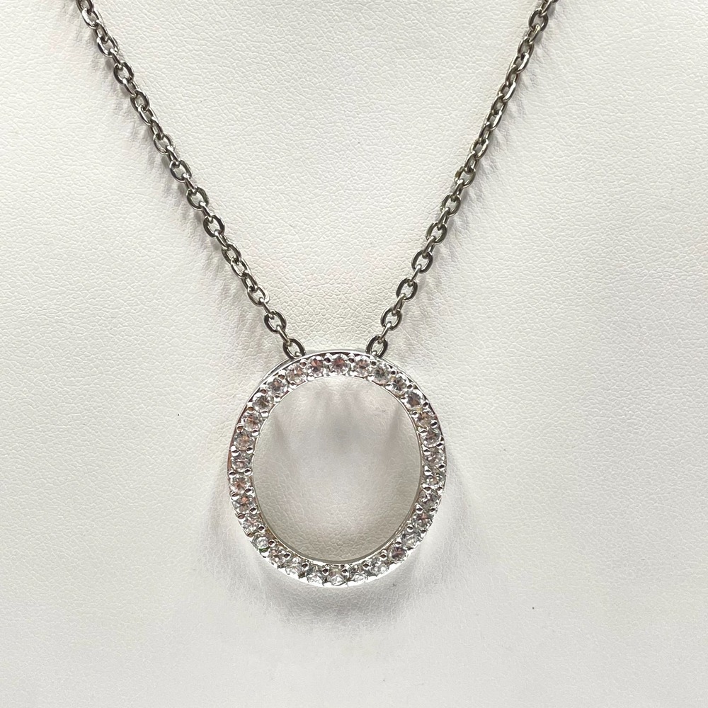 Vintage Y2K Silver Tone Rhinestone Circle Eternity Pendant Necklace Classic